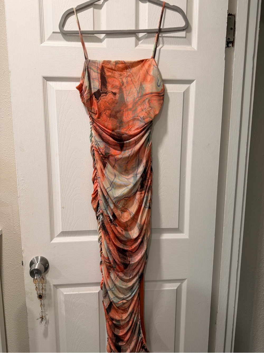 privy Orange Marble-Print Ruched Spaghetti Strap Maxi Dress
